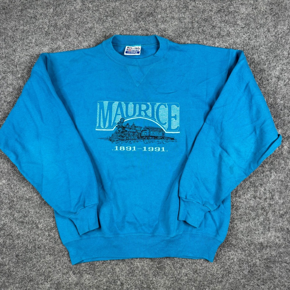 Hanes Sweatshirt Mens Size L Blue Vintage Maurice Train Graphic USA Made 90s